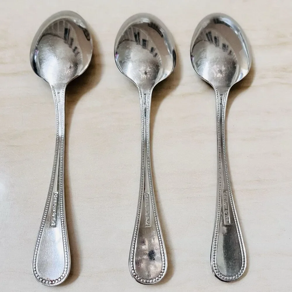 3pc F.B Rogers by Towle Norfolk Soup Spoon Stainless 7 1/4” Beaded Edge Glossy